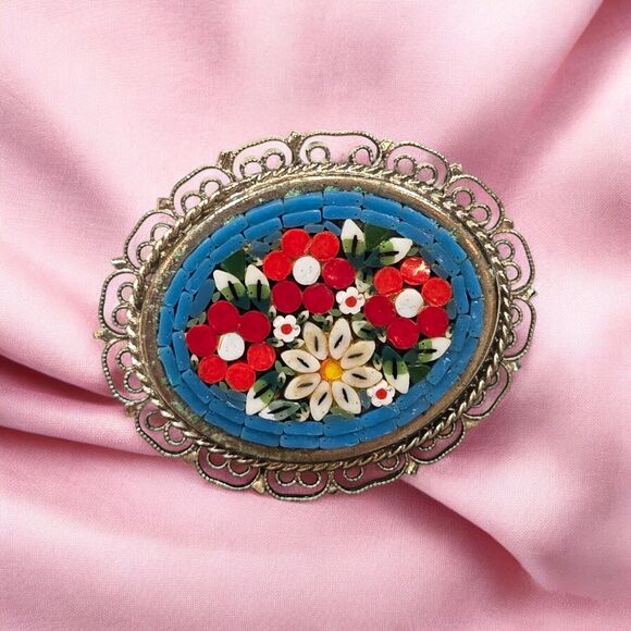 Italian Vintage Micro Mosaic Glass Floral Brooch Pin Silver Tone Filigree Border - Picture 1 of 10
